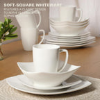 Zen Buffet White Porcelain Dinnerware Set for 4, Square Plates Bowls and Mugs, Chip and Scratch Resistant, Dishwasher and Microwave Safe, 16 Piece