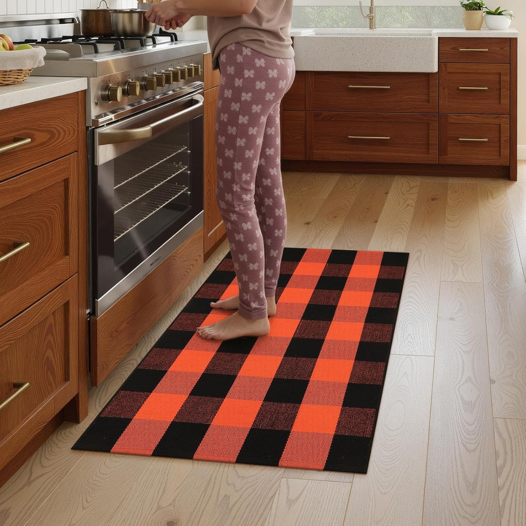 Halloween Buffalo Plaid Outdoor Rug, Fall Decor Front Porch Rug | 2'4" X 3'7" Black and Orange Washable Thanksgiving Layered Door Mat, Cotton Woven Fall Entryway Rugs for Kitchen Patio