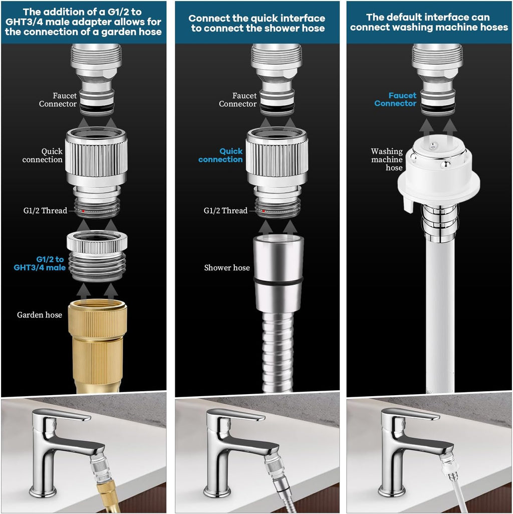 Sink Faucet Quick Connector - Faucet to Hose Adapter for Kitchen/Bathroom Connect Shower Hose, Garden Hose, Portable Washing Machine, Pet Bathing Durable Chrome Finish (Faucet Adapter)