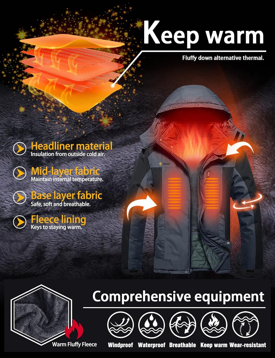 Men'S Winter Ski Jacket Waterproof Snow Coat with Detachable Hood | Windproof, Fleece-Lined, Insulated, Multiple Pockets, for Snowboarding and Cold, Rainy Weather