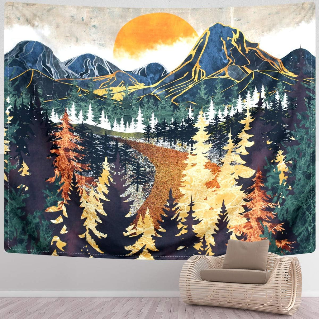 Mountain Wall Hanging Tapestry - Forest Trees Art, Sunset, Road in Nature Landscape Home Decor for Room (51.2 X 59.1 Inches)