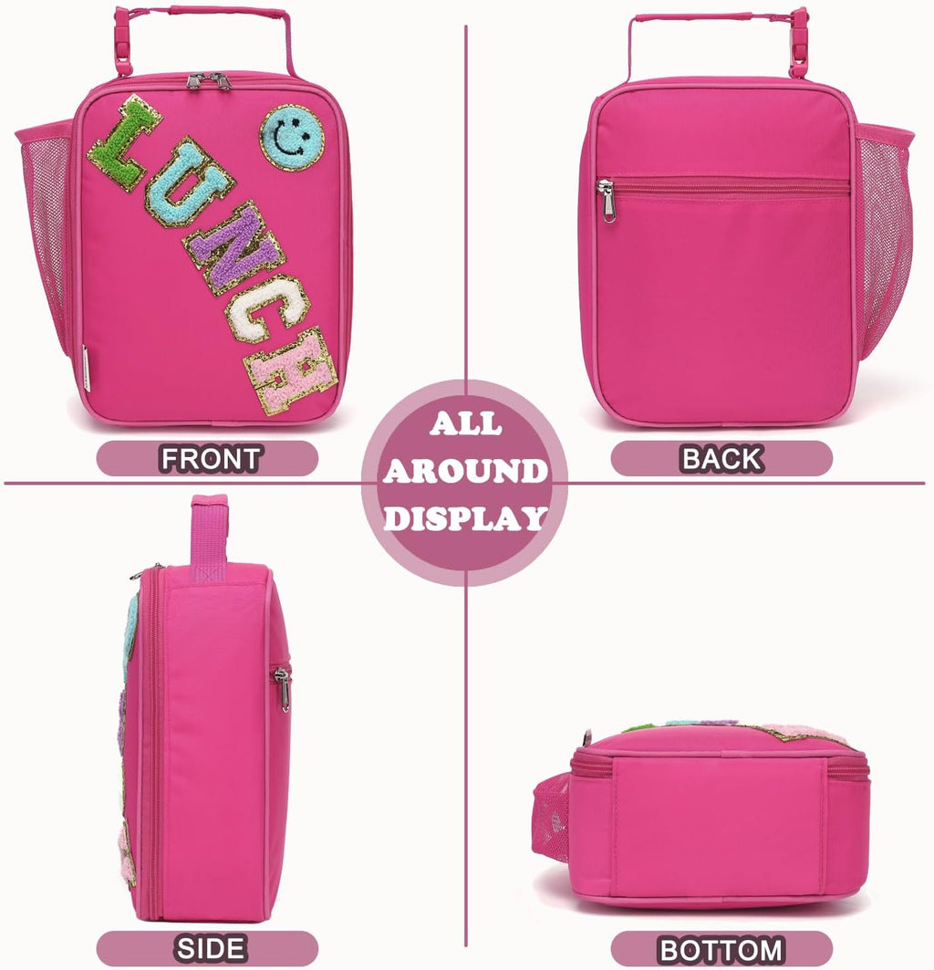 Lunch Box Insulated Soft Bag Mini Cooler Back to School Thermal Meal Tote Kit with Buckle and Mesh Side Pocket for Girls, Boys, Roseredwithletter