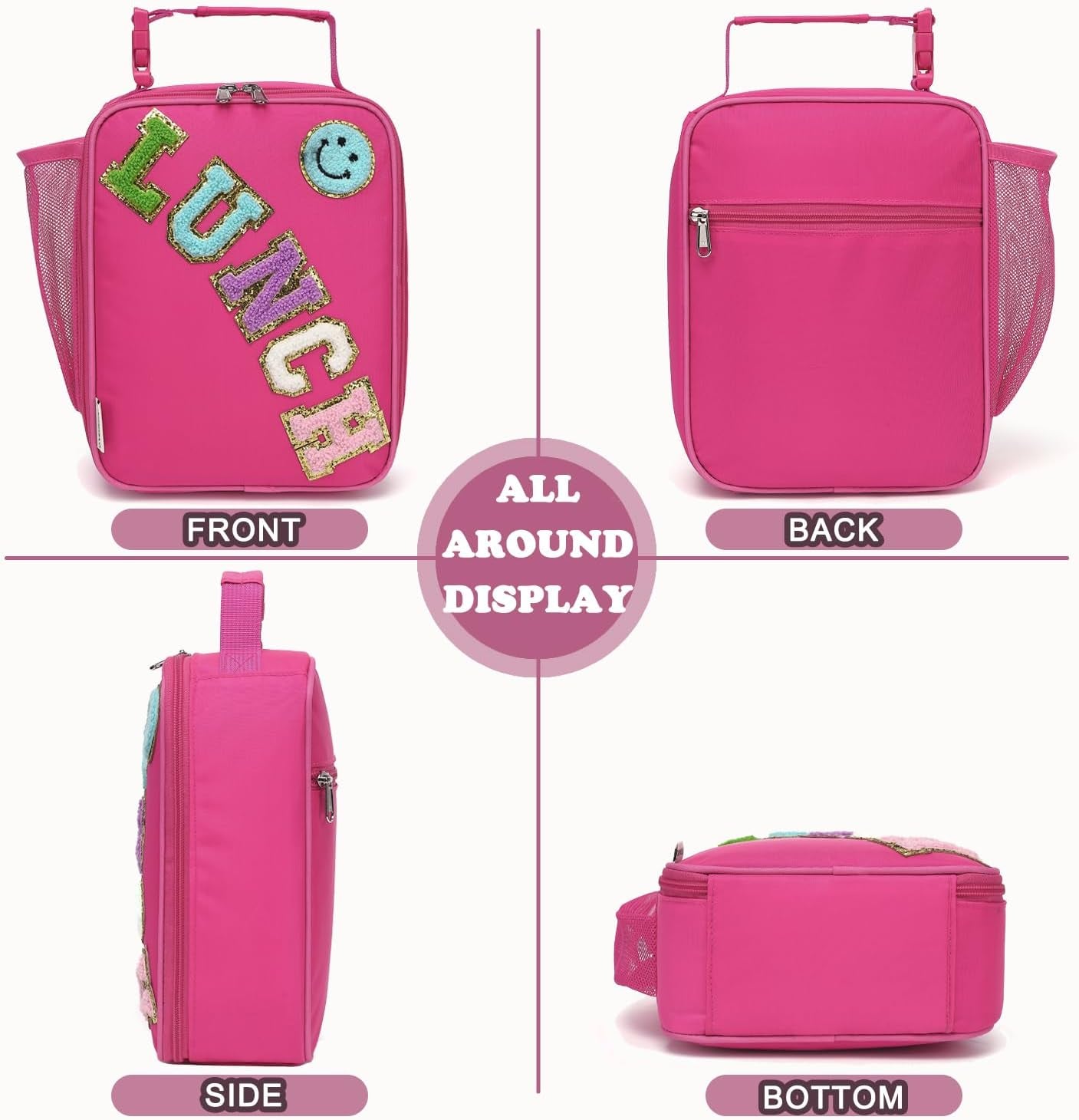 Lunch Box Insulated Soft Bag Mini Cooler Back to School Thermal Meal Tote Kit with Buckle and Mesh Side Pocket for Girls, Boys, Roseredwithletter