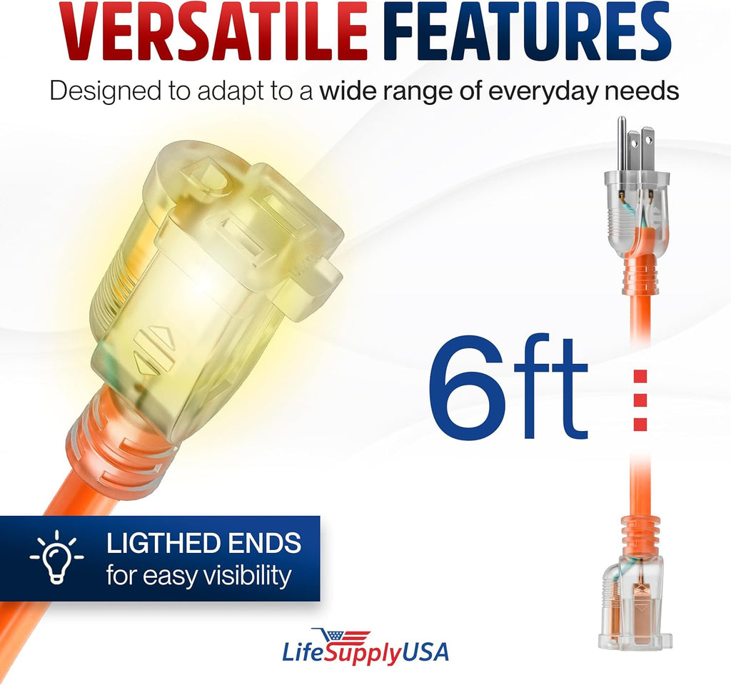 6Ft Outdoor/Indoor Extension Cord 16/3 Gauge Heavy Duty 3 Prong SJTW, Waterproof, Flexible Cold-Resistant Long Power Cord,13A 125V 1625W, Orange by