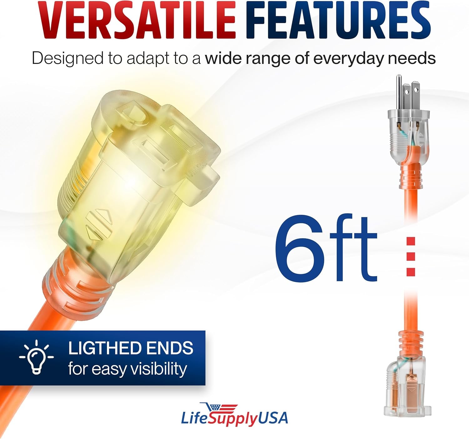 6Ft Outdoor/Indoor Extension Cord 16/3 Gauge Heavy Duty 3 Prong SJTW, Waterproof, Flexible Cold-Resistant Long Power Cord,13A 125V 1625W, Orange by