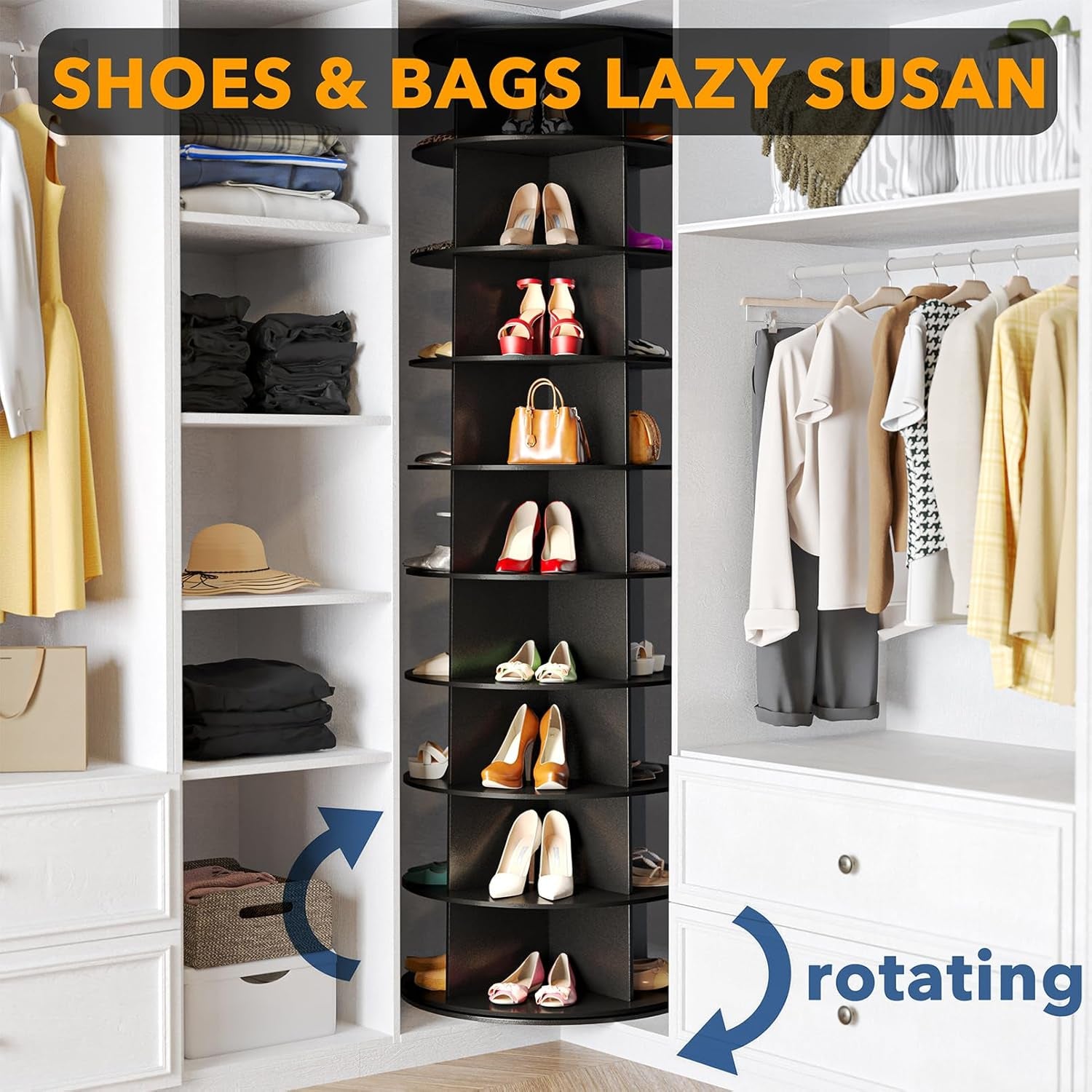 9 Tier Rotating Shoe Rack Tower, Spinning Shoe Display Lazy Susan, Revolving 360 Shoe Rack Storage round Carousel, Vertical Handbag Rotate Shoes Closet Organization (9-Tier Black)