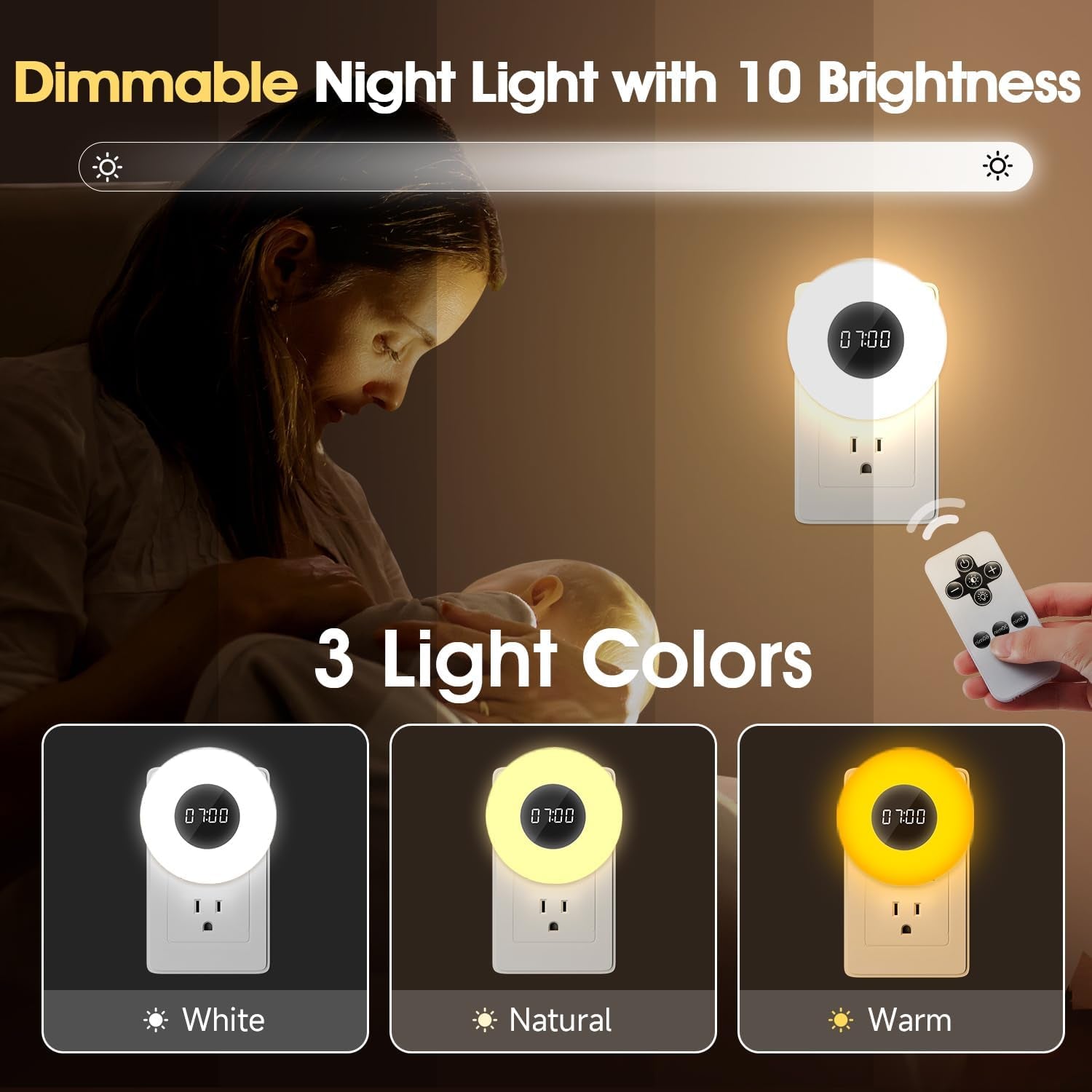 【2 Pack】 Bathroom Clock,10 Levels Dimmable+3 Light Colors+Remote Shower Clock+Bathroom Shower Timer, 90 Lumen Shower Lights, Aora Night Light, Small Clock Plug in Timer, Dimmable Night Light