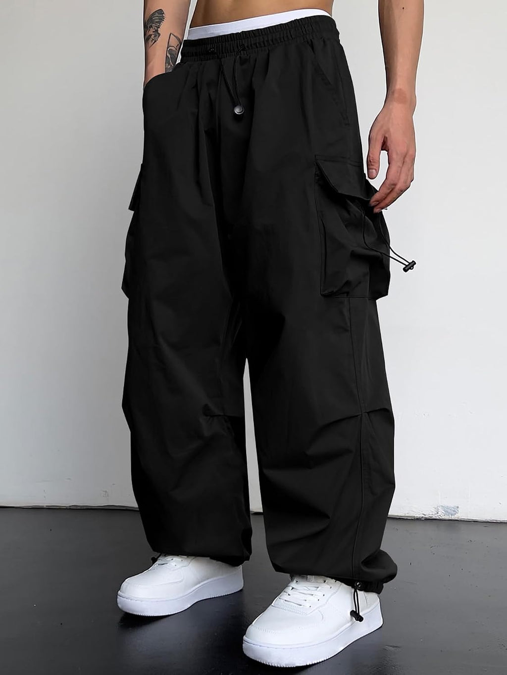 Mens Loose Fit Drawstring Y2K Baggy Parachute Cargo Pants | Harem Joggers, Utility Flap, Deep Side Pockets, Elastic Waistband, Adjustable Hem, Streetwear, Casual Wear, Outdoor Hiking