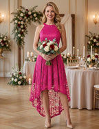 Women Halter Lace Hi Lo Wedding Guest Cocktail Formal Dress | Bridesmaid Wedding Dresses,Sleeveless,Halter Top Neckline,High Low Hem,Elegant a Line Design,Soft Floral Lace Party Dress