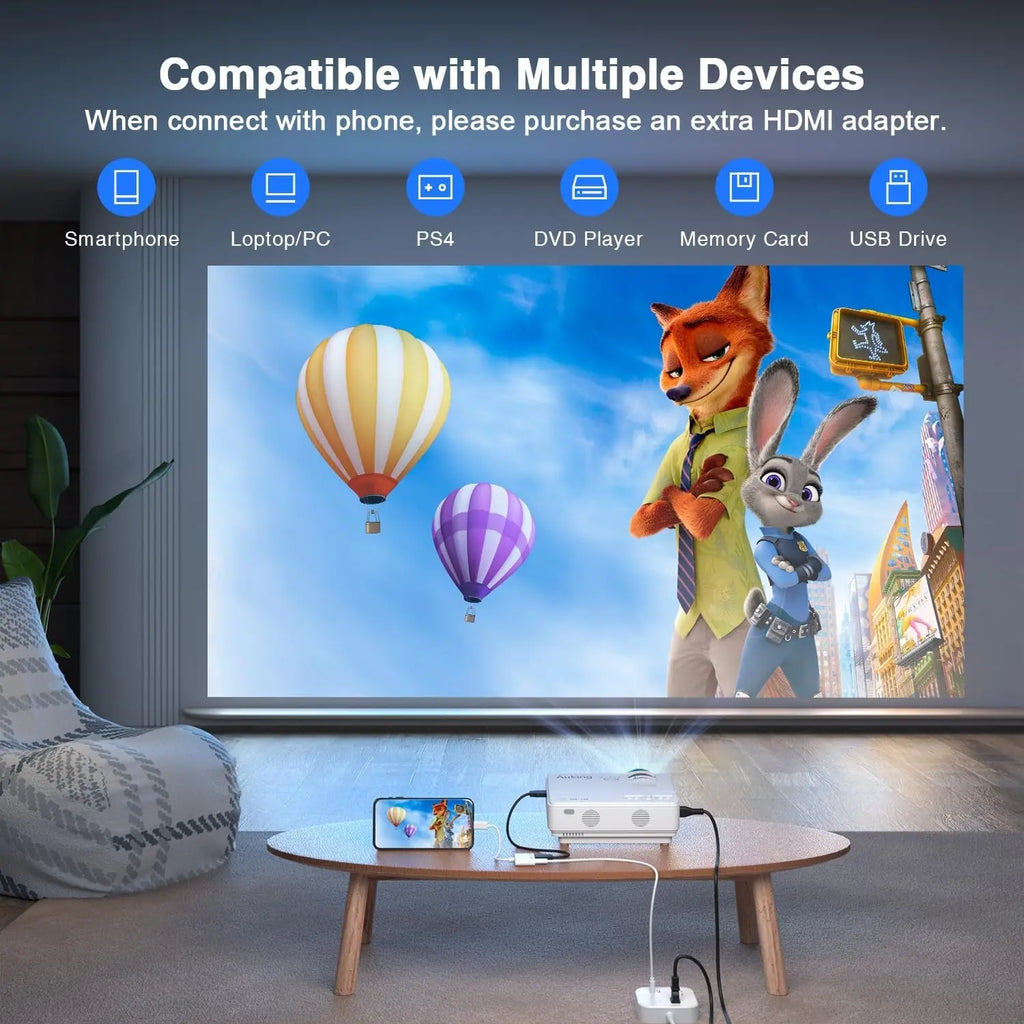 Projector, 2024 Upgraded Mini Projector, Full HD 1080P Home Theater Video Projector, Compatible with Hdmi/Usb/Vga/Av/Smartphone/Tv Box/Laptop