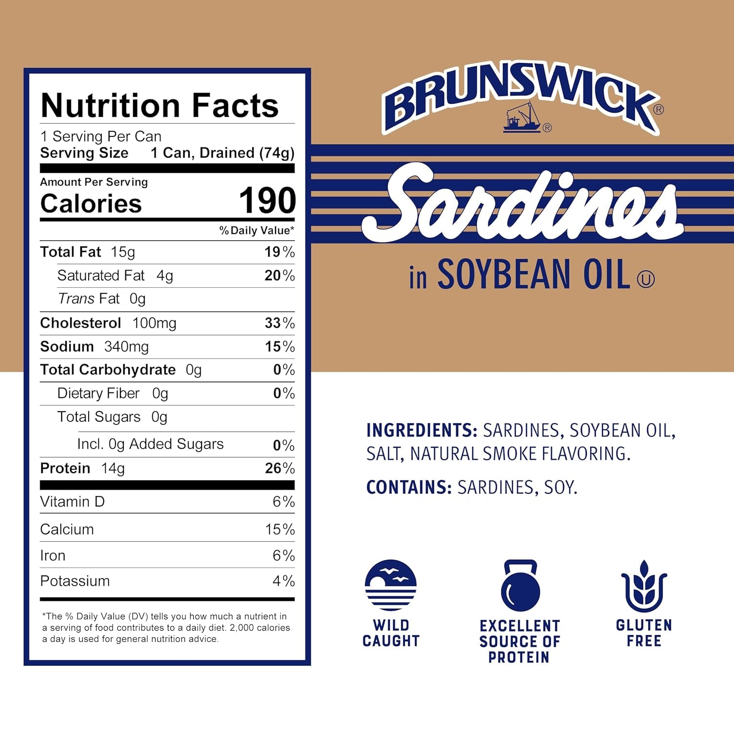 Wild Caught Sardines in Soybean Oil, 3.75 Oz Can (Pack of 12) - 14G Protein per Serving - Gluten Free, Keto Friendly, Kosher