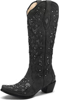 Black Cowgirl Boots for Women Cowboy Boots Western Boots Chunky Heel Pointed Toe Pull on Rhinestones Knee High Boots