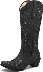 Black Cowgirl Boots for Women Cowboy Boots Western Boots Chunky Heel Pointed Toe Pull on Rhinestones Knee High Boots