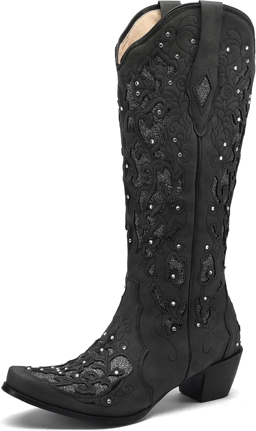 Black Cowgirl Boots for Women Cowboy Boots Western Boots Chunky Heel Pointed Toe Pull on Rhinestones Knee High Boots