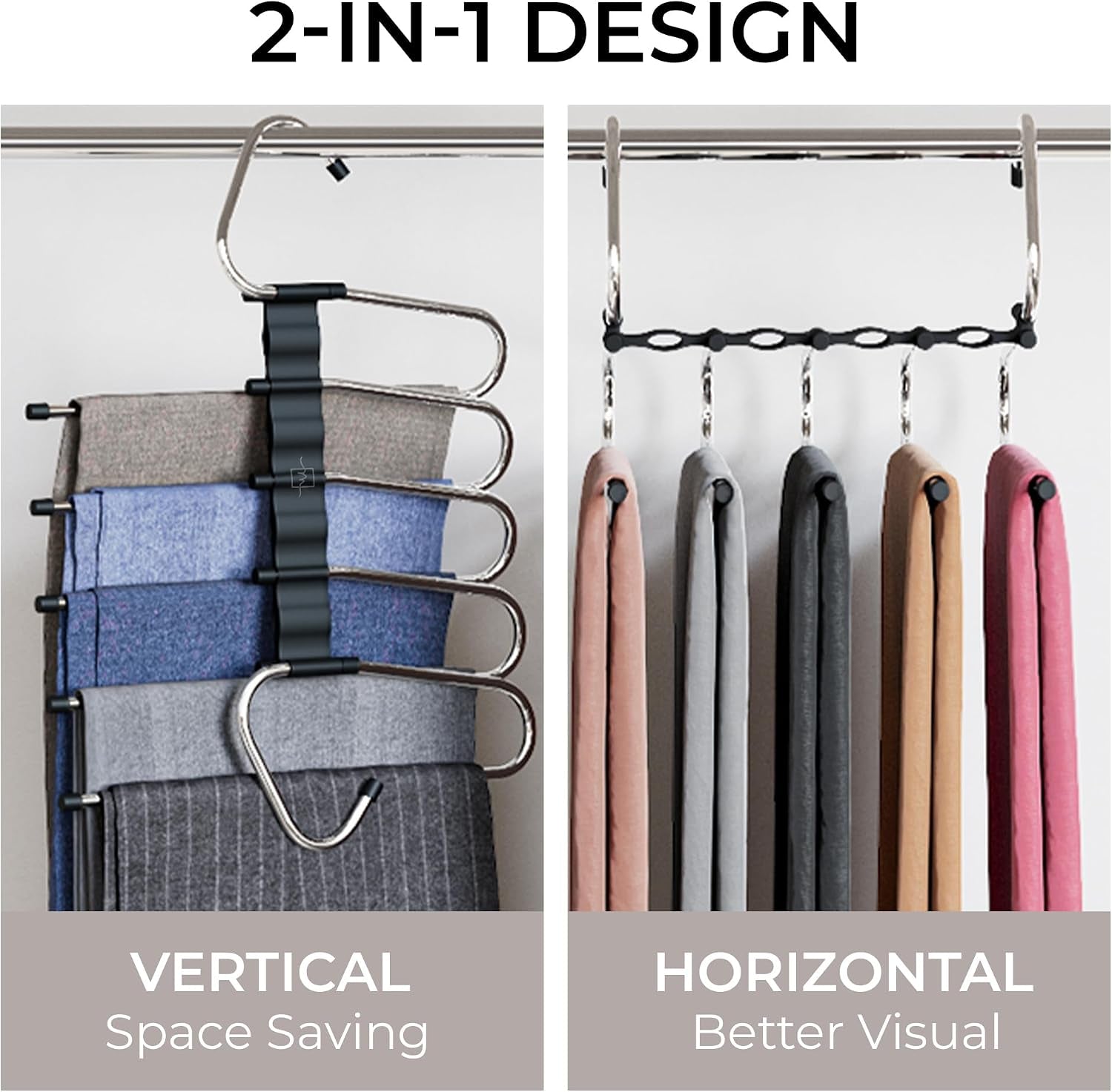 Pants Hangers Space Saving - 2 Pack - Non-Slip Multi-Layer Space Saving Hangers - Multifunctional Clothing Rack for Closet Storage - Ideal for Jeans, Trousers, Skirts, Scarves & Slacks (Black)