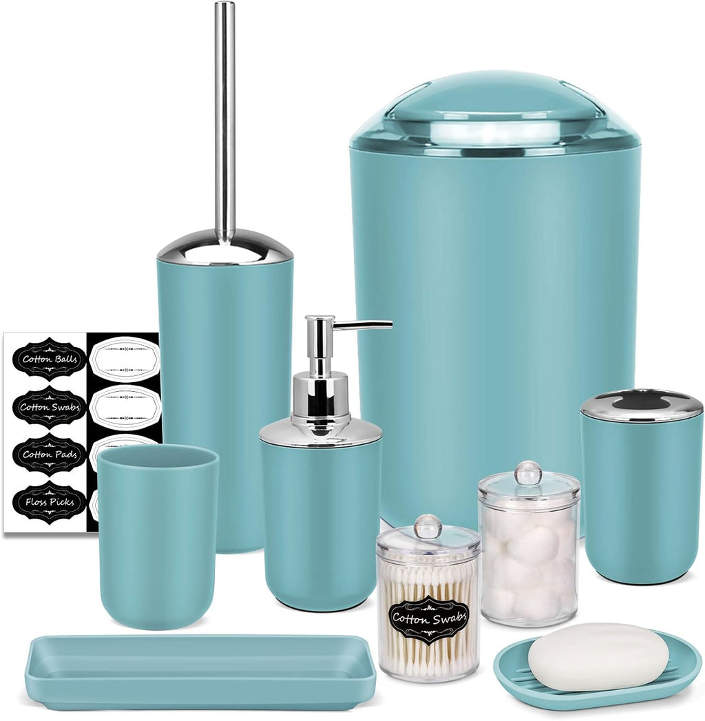 Bathroom Accessories Set,Blue Bathroom Set,9 Pieces Bathroom Accessory Set,Tray,Qtip Holders,Toilet Brush,Trash Can for Bathroom Décor and Home Gifts