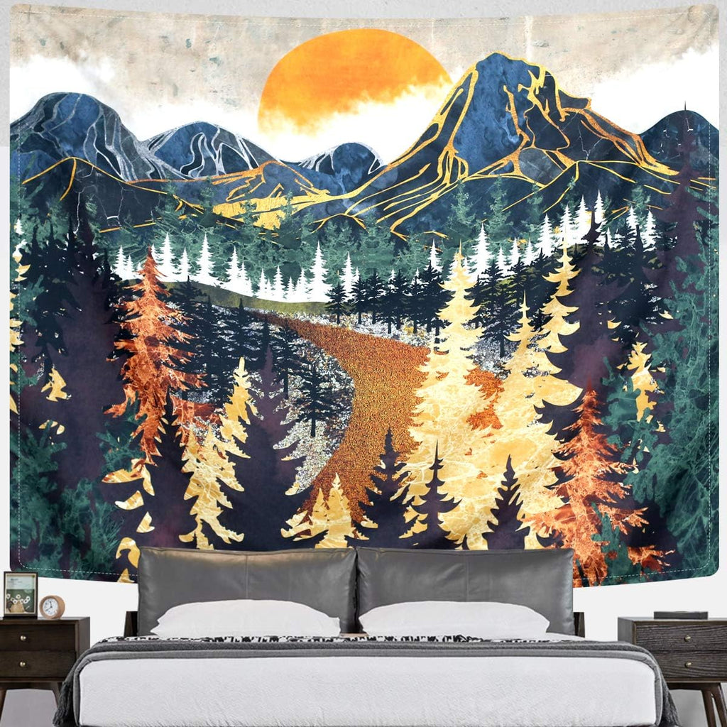 Mountain Wall Hanging Tapestry - Forest Trees Art, Sunset, Road in Nature Landscape Home Decor for Room (51.2 X 59.1 Inches)