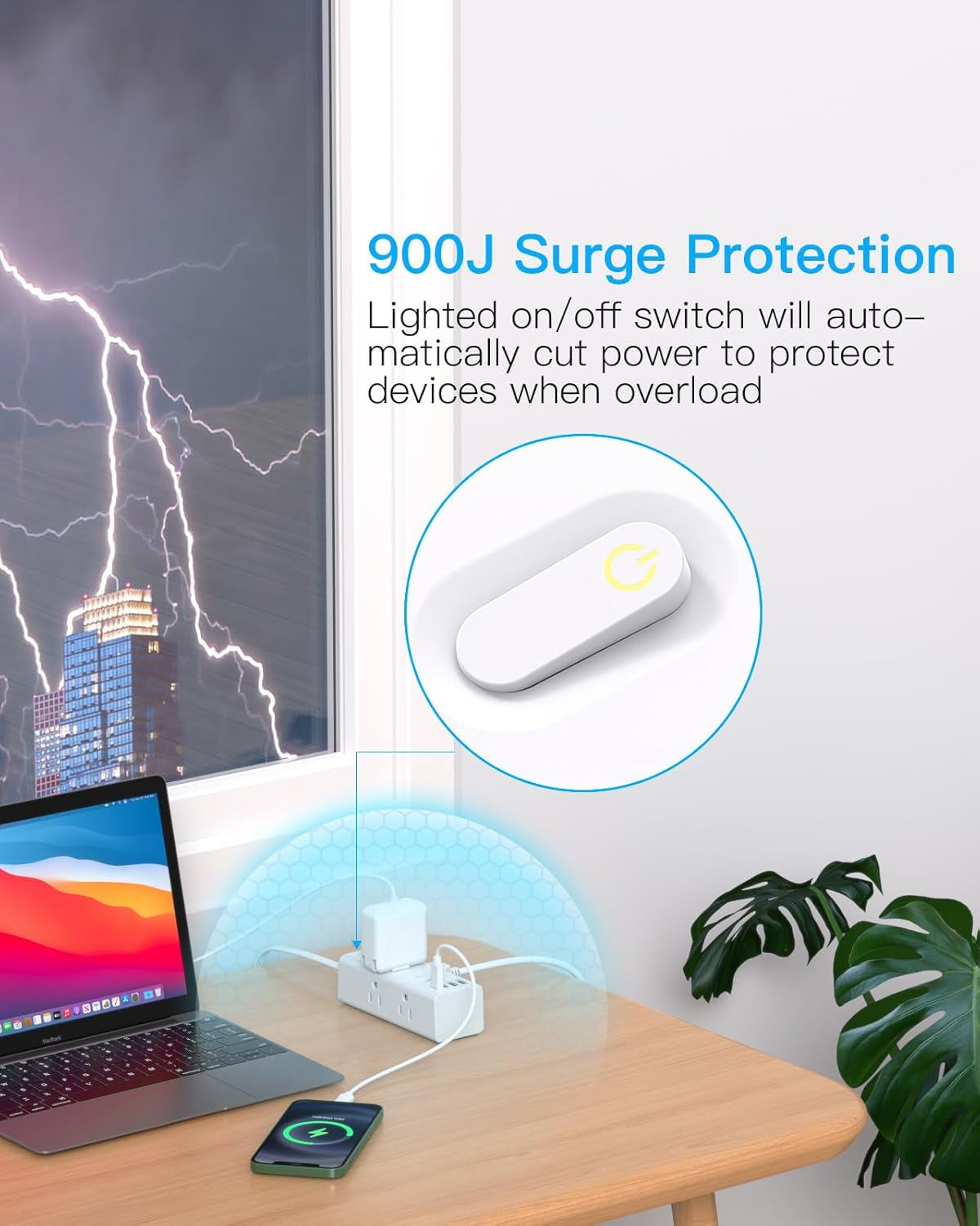 10Ft Extension Cord with Multiple Outlets,Flat Plug Power Strip Surge Protector with 10 Ft Long Cord,6 Outlet 4 USB Ports (2USB C),Multi Outlet Wall Plug for Travel,College,Dorm Essentials