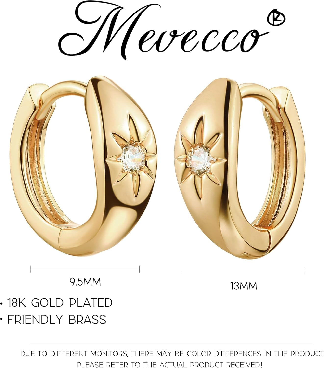 Chunky Huggie Hoop Earrings for Women Starburst Beaded Styles | 18K Gold Plated Brass, Triple or Single Cubic Zirconia Star Details, Graduated Rounded Profile, Front Stone Row