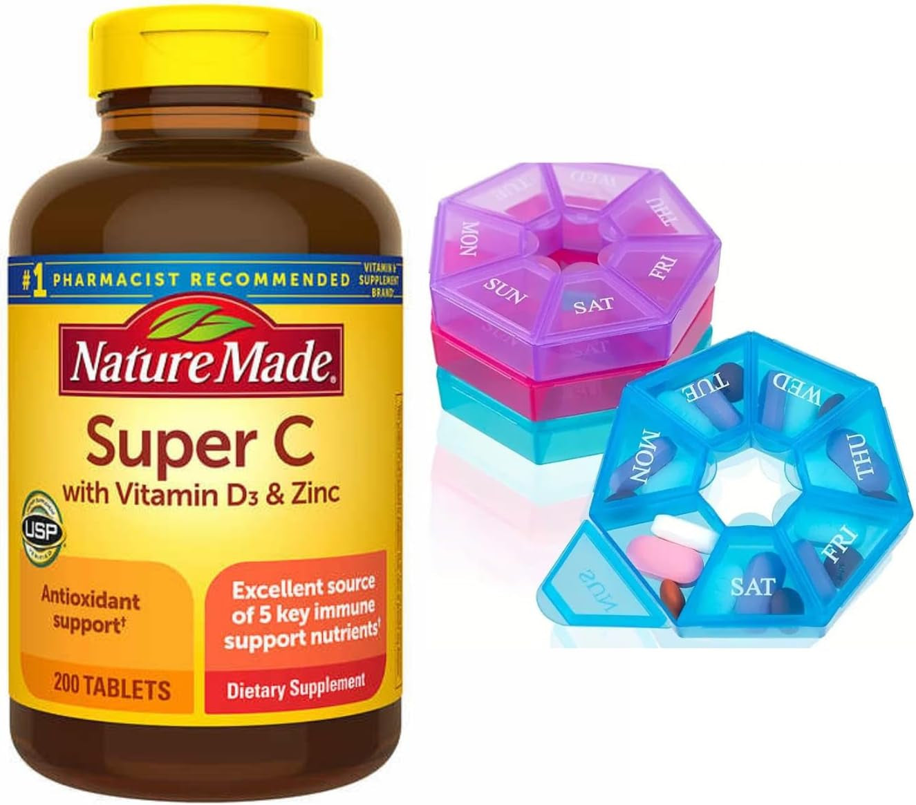 Nature Made Super C with (Vitamin D3 and Zinc), 200 Tablets, One per Day Tablet Bundle with Travel Weekly Pill Organizer (Assorted Color)