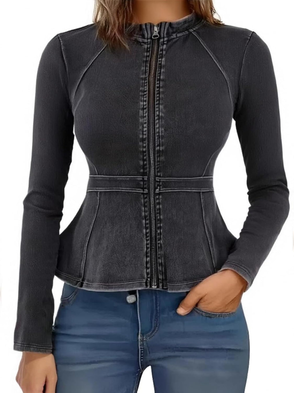 Casual Denim Peplum Jacket for Women Long Sleeve Zip Front Athletic Workout Ruffle Blazer Coats