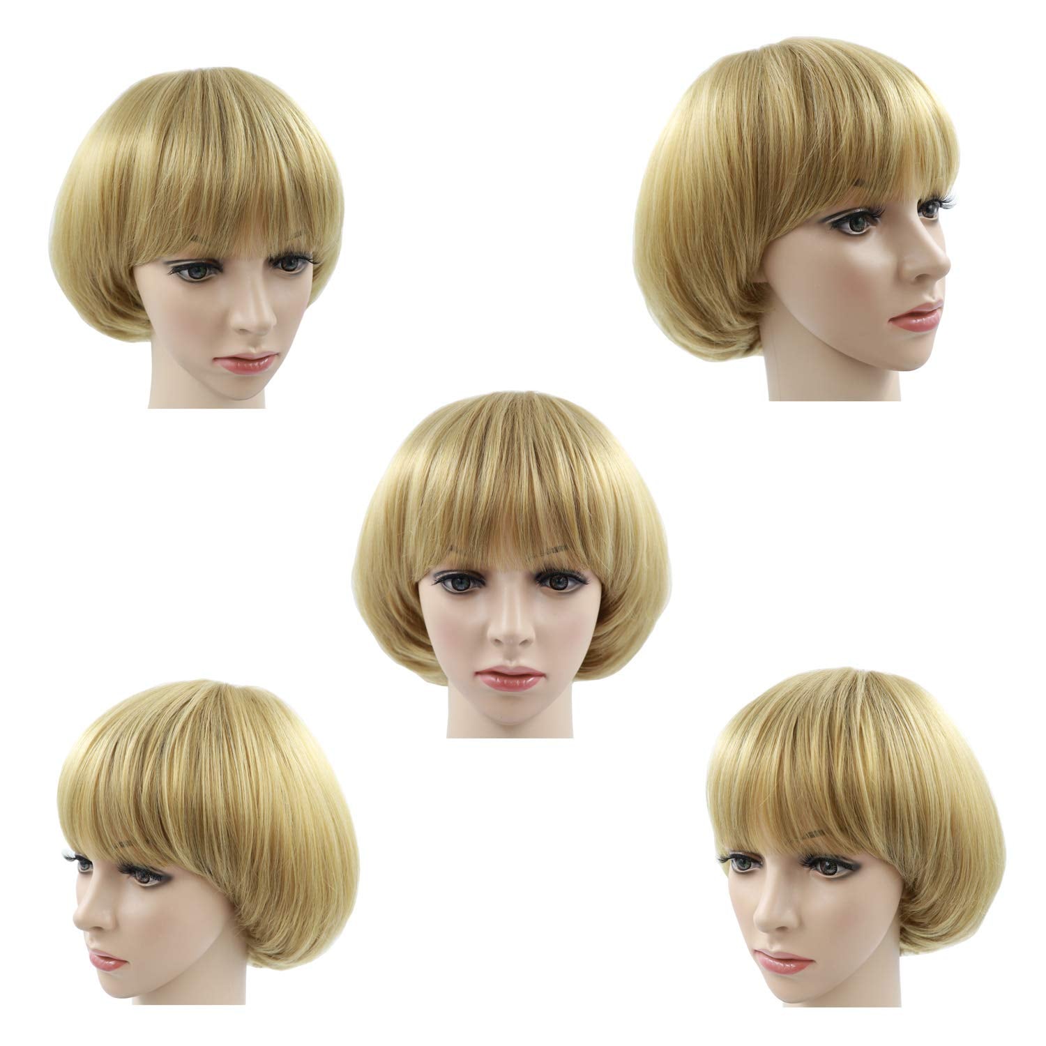 Girls Golden Mushroom Wig Short Bob Wig with Bangs Blonde Bowl Cut Wig Cap for Women