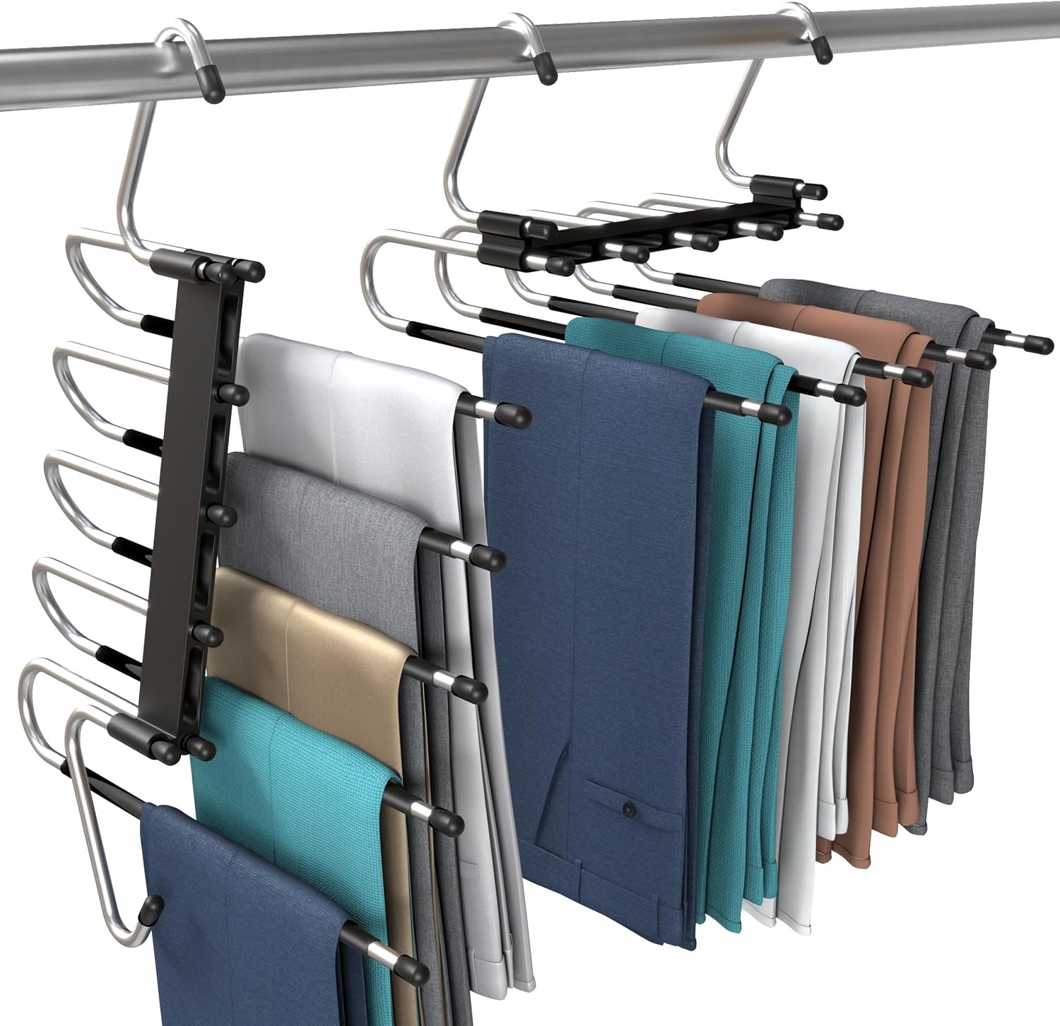 Pants Hangers Space Saving 2 Pack Black Foldable Hangers with Clips for Clothes, Pants, Jeans, Skirts and Scarves, S-Type Stainless Steel Hook, Anti-Slip Hanger for Closet Organization