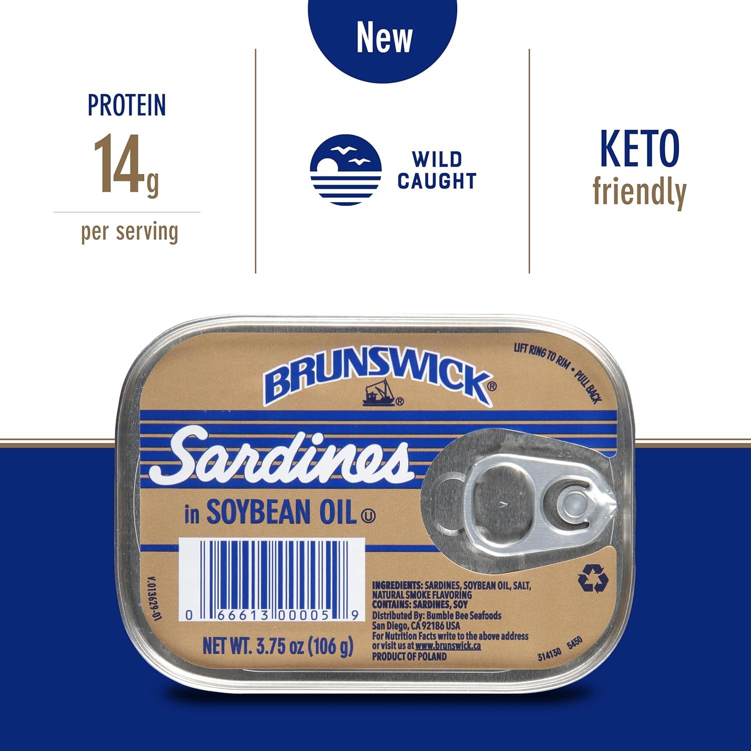 Wild Caught Sardines in Soybean Oil, 3.75 Oz Can (Pack of 12) - 14G Protein per Serving - Gluten Free, Keto Friendly, Kosher