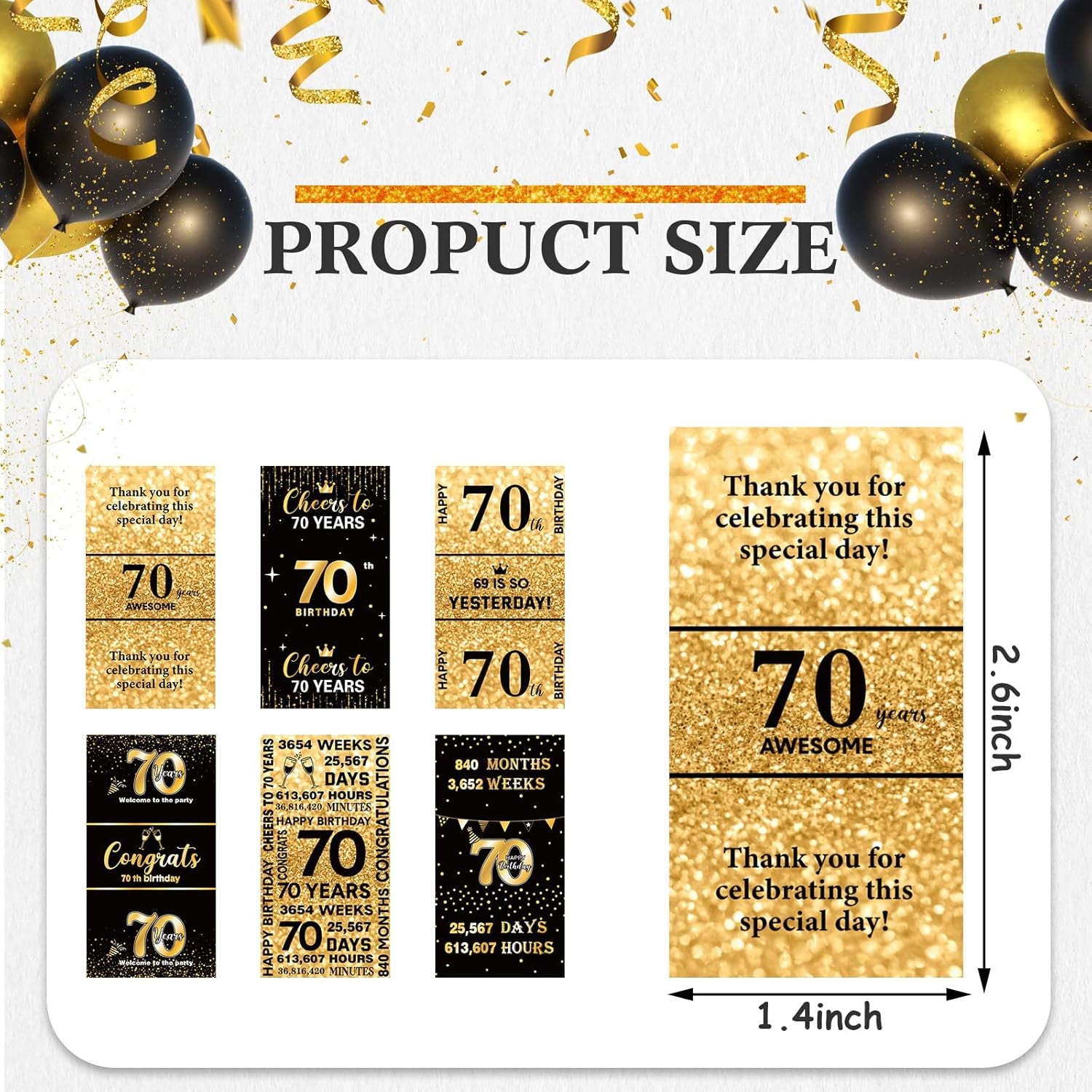 180 Pcs 70Th Birthday Stickers Black and Gold Cheers to 70 Years Candy Bar Wrappers Happy 70Th Birthday Party Favor Labels for Adults Anniversary Party Candy Chocolate Supplies