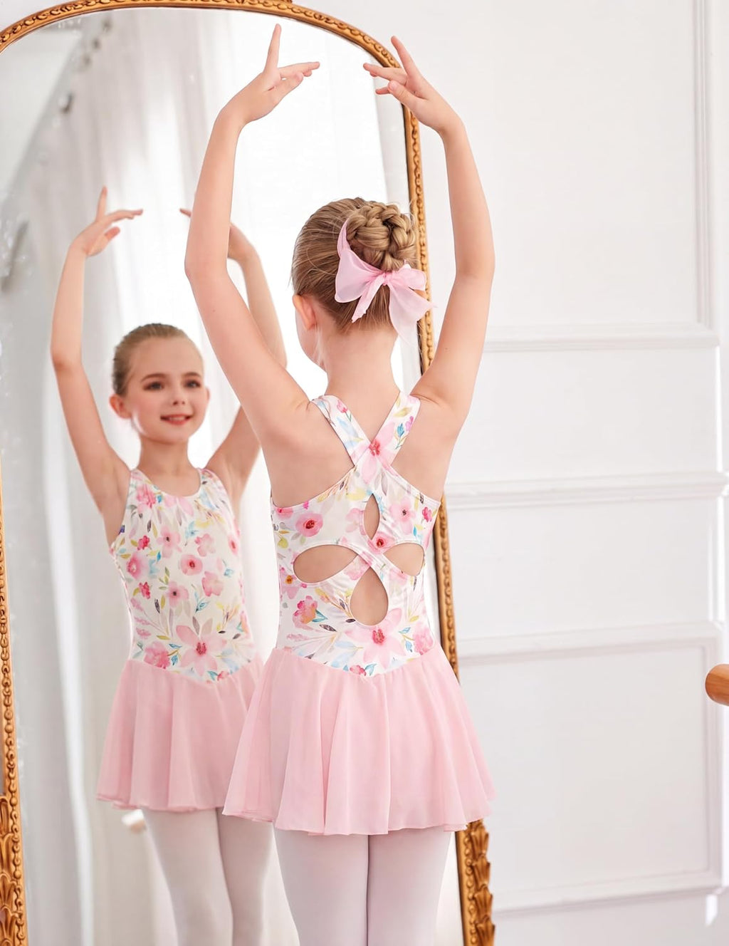 Girls Hollow Back Ballet Leotard with Skirt Sleeveless Dance Dress | Kid Girls, Solid Leotard with Hollow Back Criss-Cross Straps, Flowy Chiffon Skirt 3-11 Y