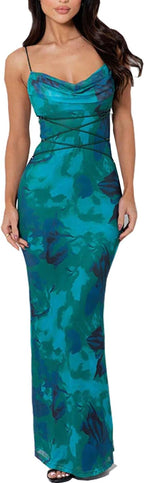 Women Vintage Spaghetti Strap Maxi Dress Sexy Low Cut Backless Floral Satin Slip Long Dress Y2K Cami Bodycon Dresses