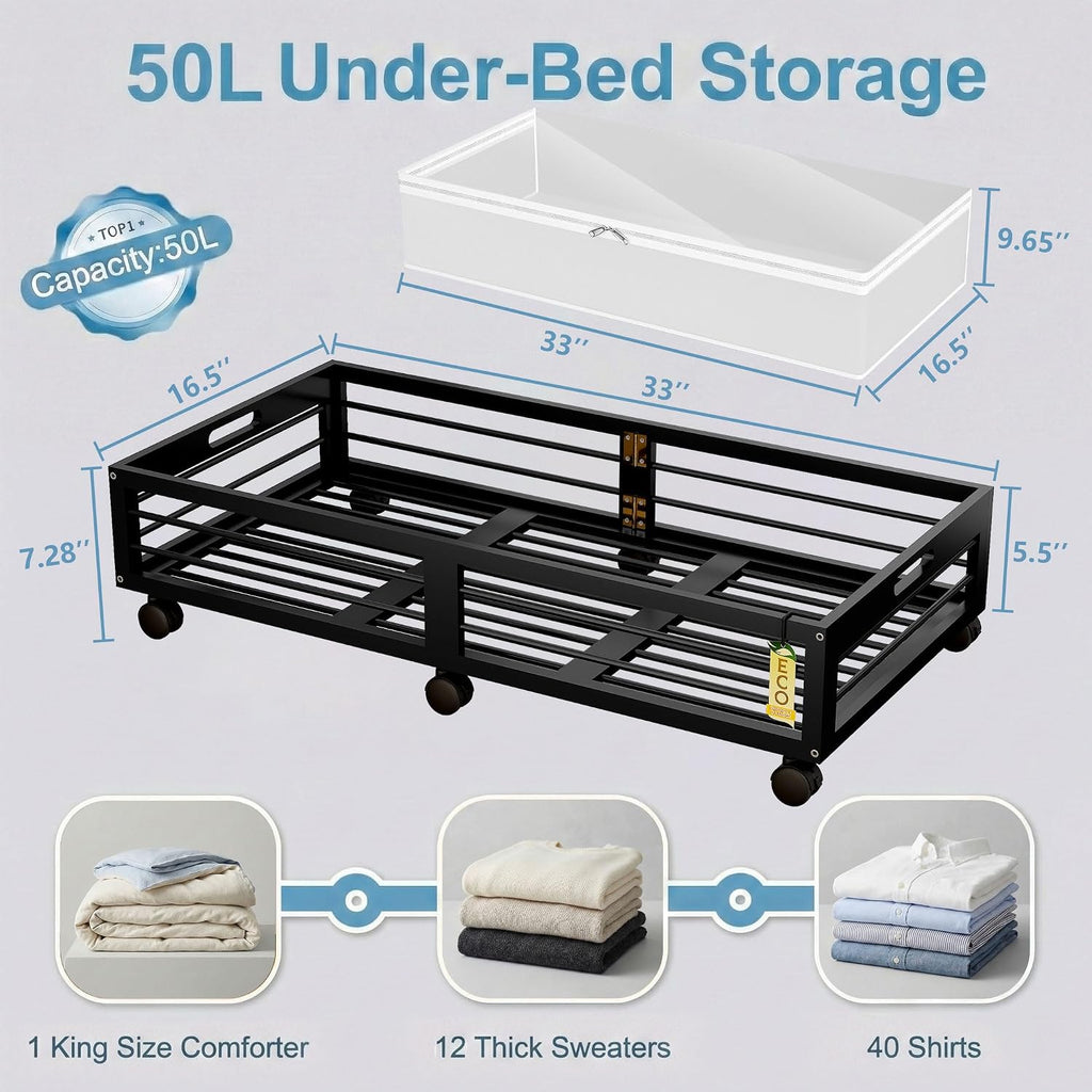 Under Bed Storage Containers with Wheels, Larger Bamboo Wood under Furniture Storage Containers with Dust Bags，Rolling for Shoes Clothes