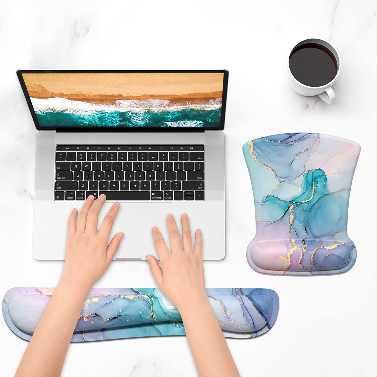 Mouse Pad Wrist Support Keyboard Wrist Rest Pad Ergonomic Mousepad Non-Slip Memory Foam Keyboard Pad Easy Typing Pain Relief Perfect for PC Laptop Gaming Office, Color Textured Marble