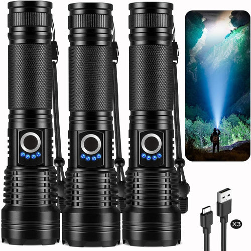 3 Pack Rechargeable Flashlights High Lumens, 990000Lm Super Bright Handheld Flash Light with Power Display, 15H Runtime, IPX7 Waterproof, Zoomable 5 Modes for Outdoor Survival & Camping