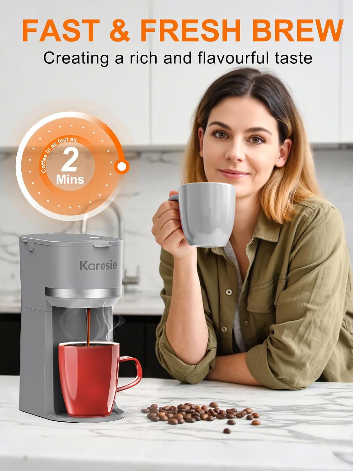 Single Serve Coffee Maker for K-Cup and Ground Coffee, Fast Brew, 6-12 Oz Brew Sizes One Cup Coffee Machine Fits 5.5" Mugs, One-Button Small Coffee Maker with Descaling Reminder,Grey