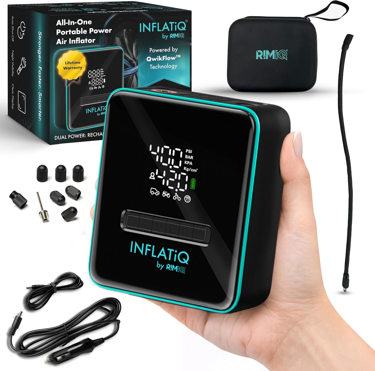 Inflatiq by  Portable Tire Inflator Air Compressor – Twice as Fast Qwikflow Technology with Auto Shut-Off – 11.1V Rechargeable Air Pump with Metal Gears and Premium Carry Case