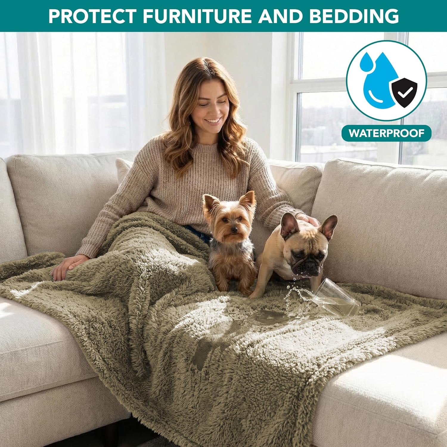 Fluffy Sherpa Waterproof Dog Blanket for Small Pet Cat, 24X32 Taupe | Soft & Warm & Washable; Leafproof Couch Sofa Protector for Small Medium Large Pet; Pee Proof Cover for Crate Kennel Car Seat