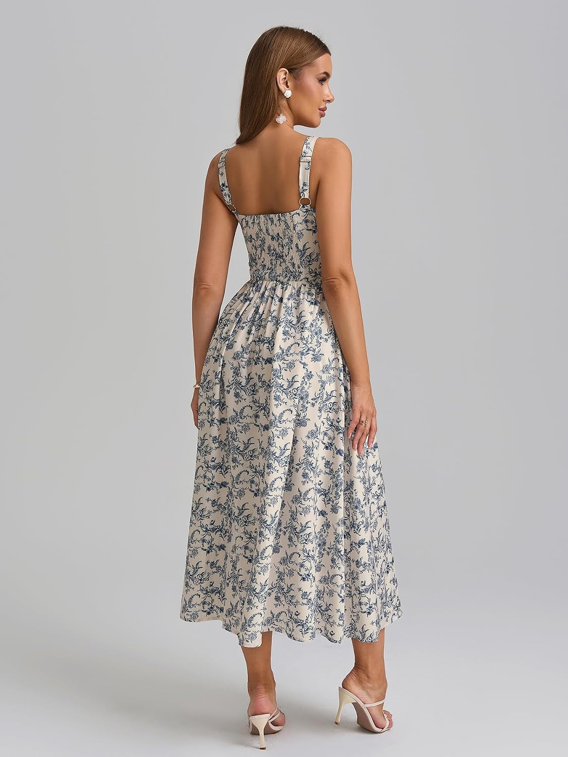 Summer Floral Corset Midi Wedding Guest Dresses for Women | Slit Flowy Sundress with Pockets, Idea for Garden Tea Party Engagement Bridal Shower Fancy Cottagecore Milkmaid