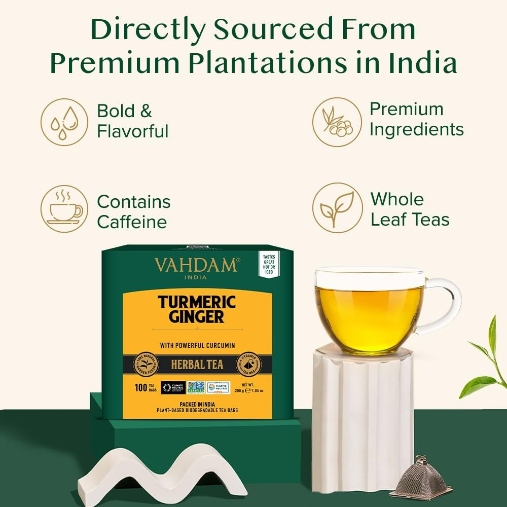 , Turmeric Ginger Herbal Tea Bags (100 Pyramid Tea Bags) Caffeine Free, Non GMO, Gluten Free | 100% Pure Herbal Blend - Savory & Spicy | Whole Loose Leaf Tea Bags