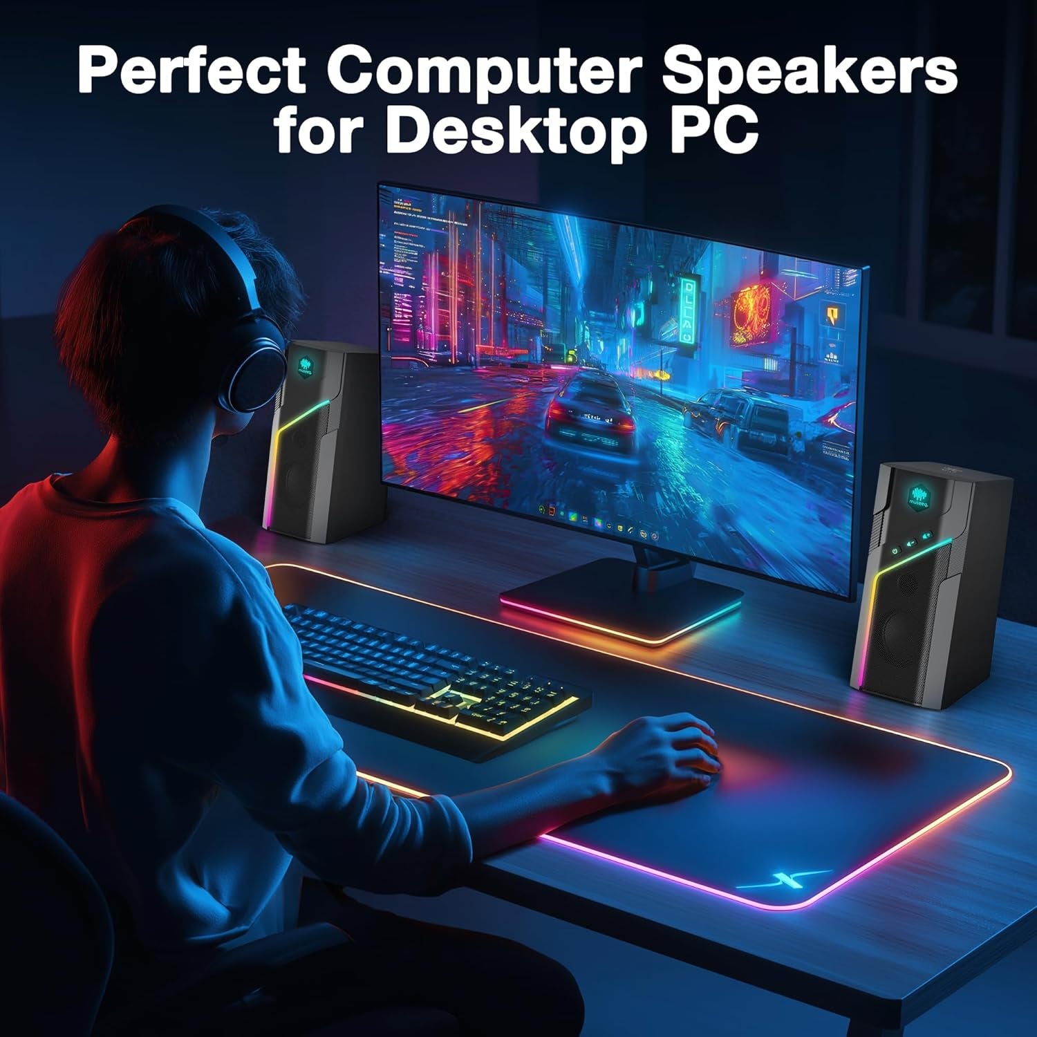 W-206RE RGB Bluetooth PC Speakers, Desktop Gaming Speakers with 21 LED Light Modes, USB Powered Stereo Computer Speakers for Monitor, Laptop and Gaming Setup