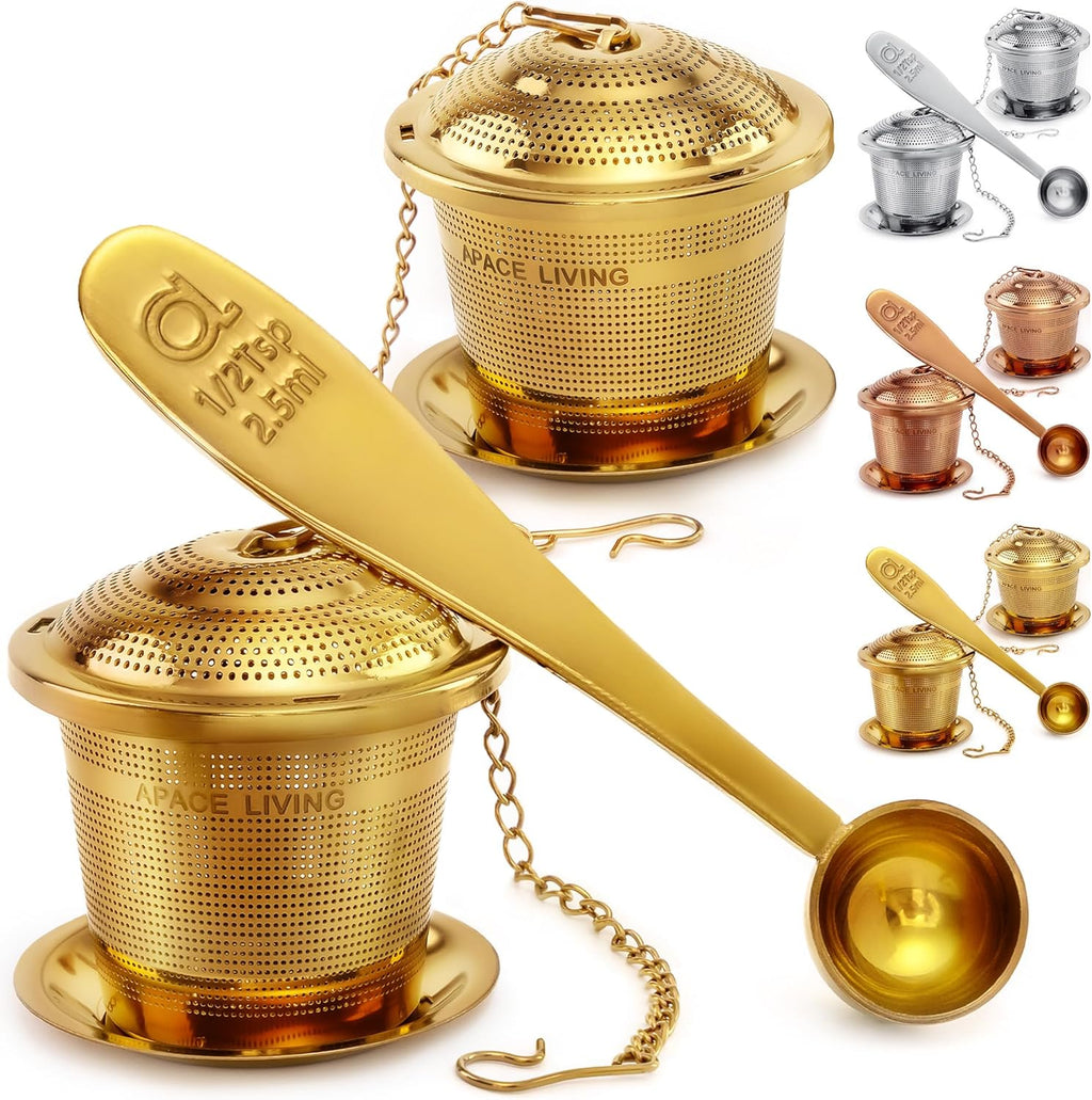 Tea Infuser Set of 2 with Tea Scoop & Drip Trays - 304 Stainless Steel Ultra Fine Mesh Loose Leaf Tea Strainer, Reusable Tea Steeper Basket for Rooibos, Green, Black, Herbal & Oolong Tea, Etc