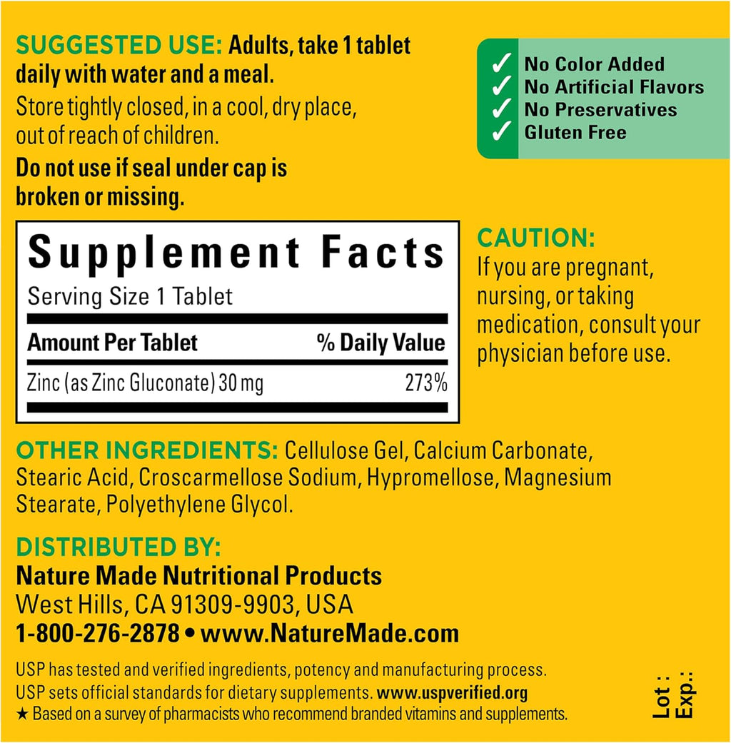 Zinc 30 Mg, Zinc Supplements for Men & Women, Dietary Supplement for Immune Health and Antioxidant Support, 100 Tablets, 100 Day Supply