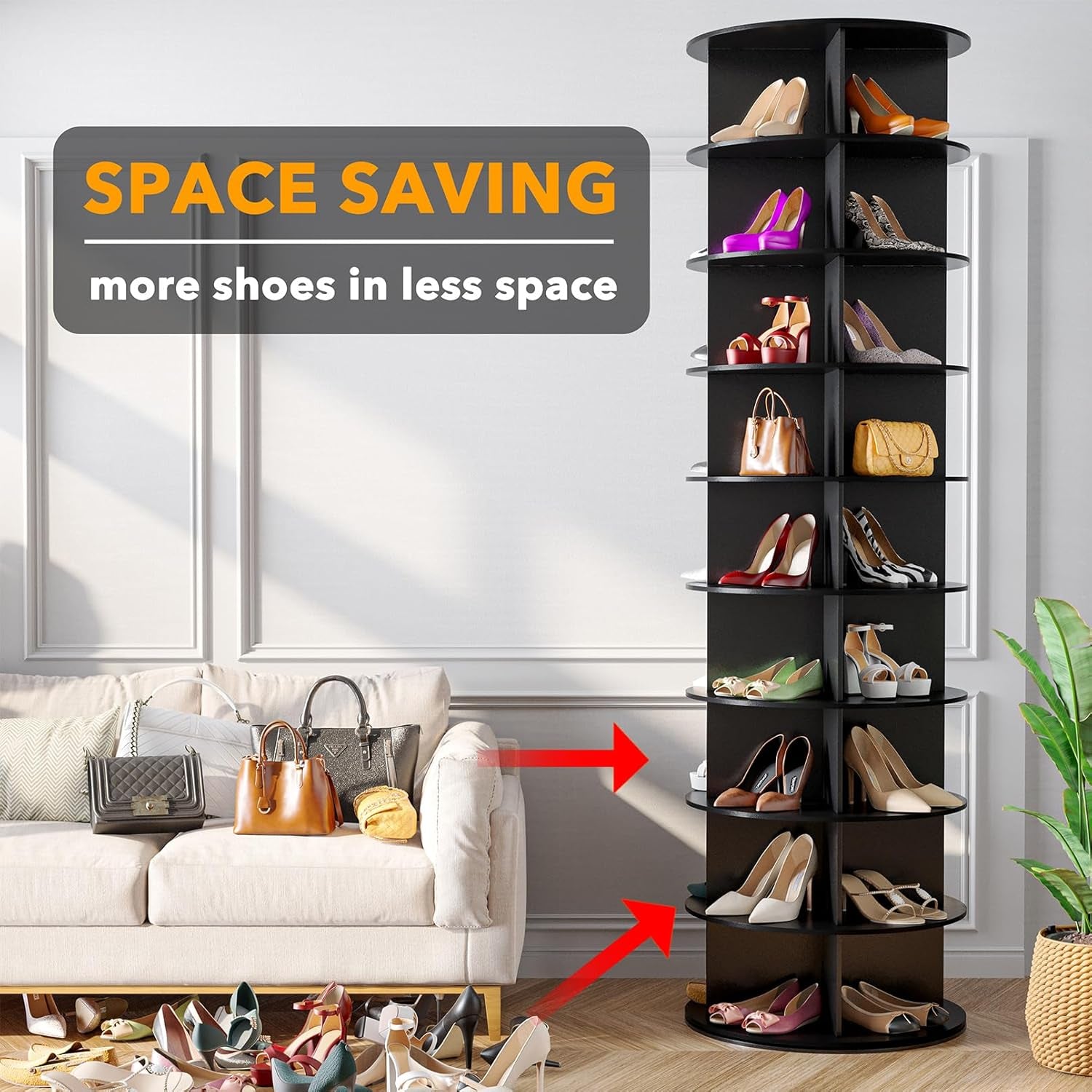 9 Tier Rotating Shoe Rack Tower, Spinning Shoe Display Lazy Susan, Revolving 360 Shoe Rack Storage round Carousel, Vertical Handbag Rotate Shoes Closet Organization (9-Tier Black)