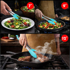 Kitchen Tongs - 12, 9 & 7 Inch Locking Silicone Tongs for Cooking, Set of 3 | Aqua Tongs with Silicone Tips, Heat Resistant Tongs for Grilling, Serving, Mixing