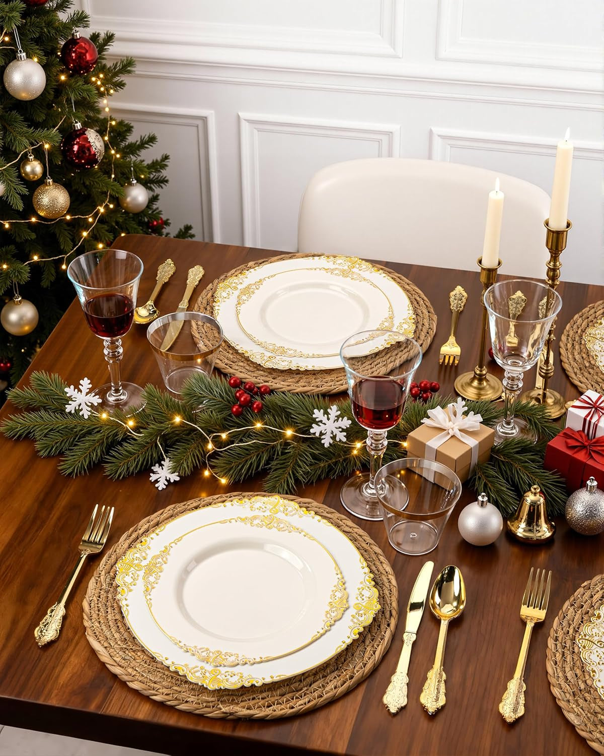 350PCS Ivory Plastic Plates - Ivory Gold Plastic Dinnerware Sets for 50 Guests - 100 Gold Disposable Plates, 50 Pre Rolled Silverware Sets, 50 Cups Perfect for Wedding & Thanksgiving