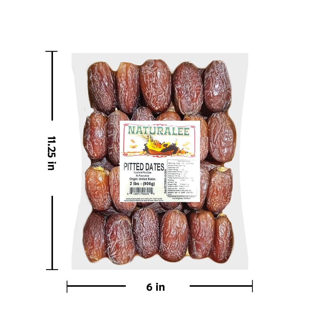 Dried Dates 2 Lb - Pitted - No Added Sugar, No Preservatives - Gluten Free, Vegan, High Fiber Snack