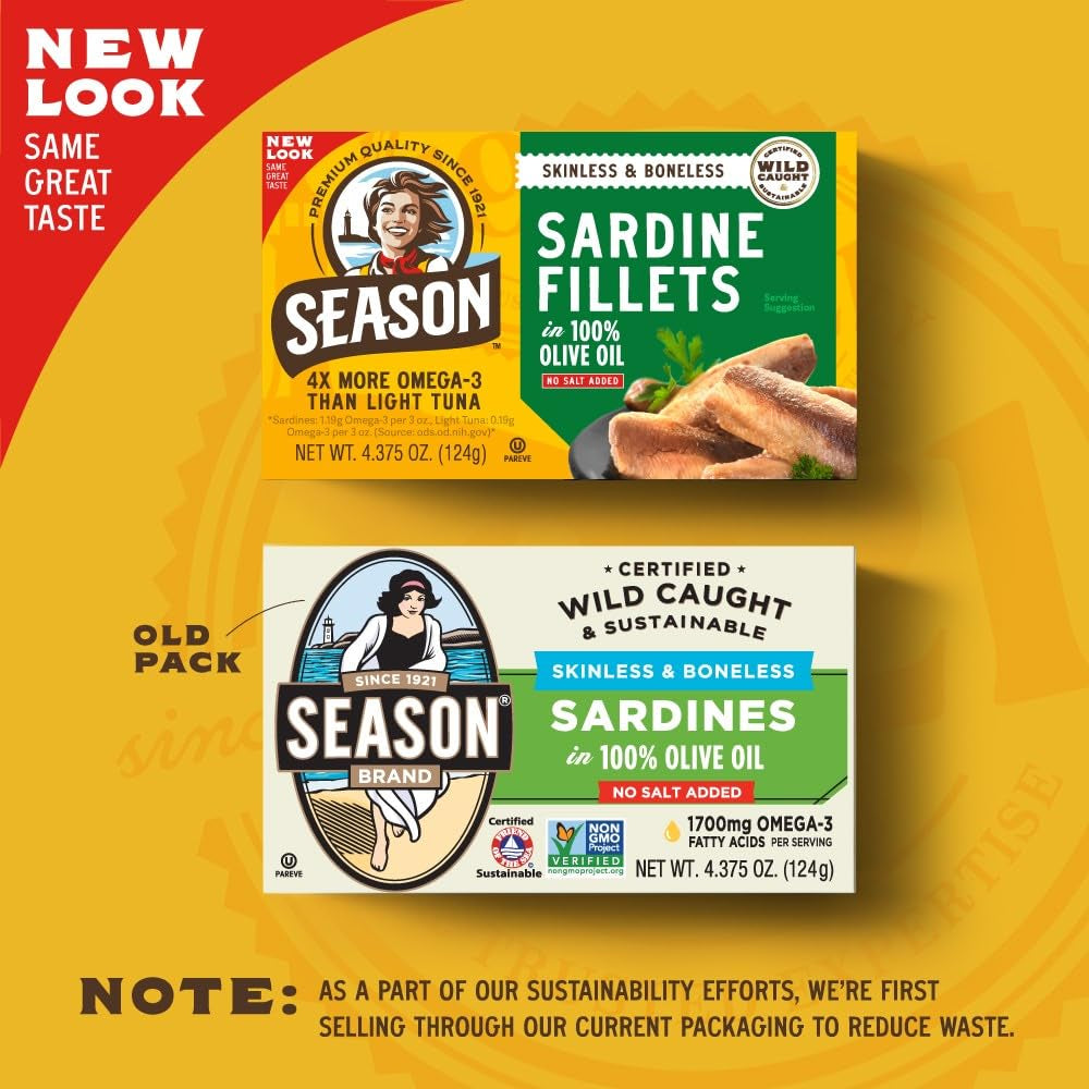 Sardines in Olive Oil Skinless & Boneless, 4.37 Oz Tins, 6-Pack | No Salt Added, Wild Caught, 22G of Protein, Keto Snacks, More Omega 3'S than Tuna, Kosher, High in Calcium, Canned Sardines