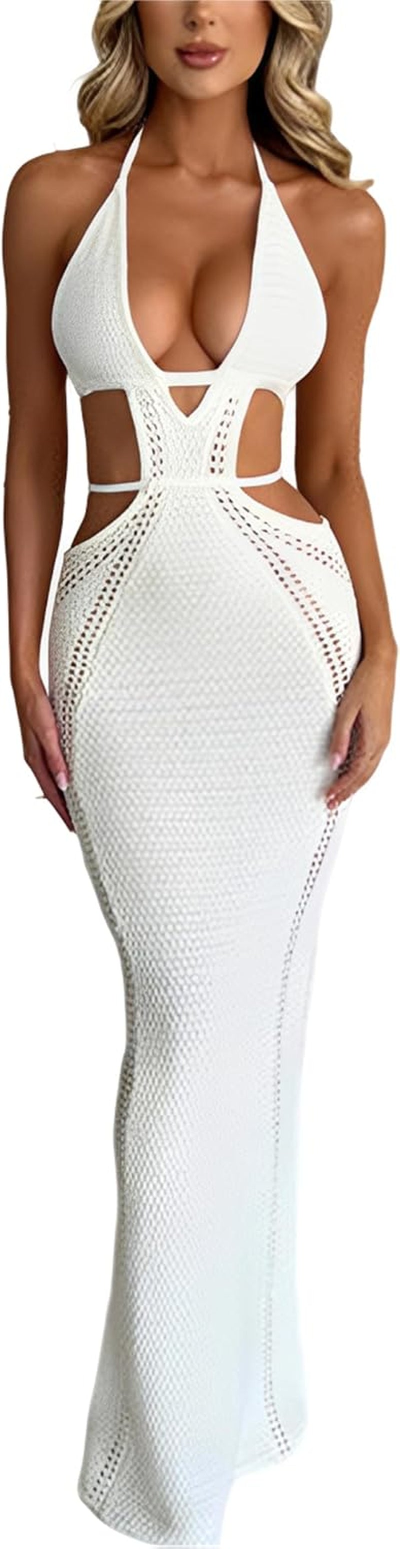 Women Sexy Crochet Maxi Dress Cut Out Halter V Neck Backless Knit Bodycon Long Dress Summer Beach Evening Party Dresses