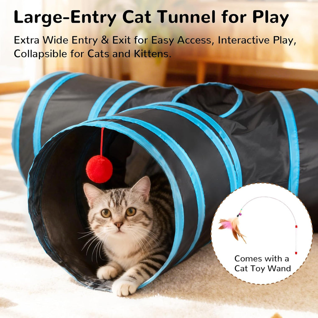 Pet Cat Tunnel Tube Toys 3 Way Collapsible, Tunnels for Indoor Cats, Interactive Tube with Teaser Wand, Peek Holes & Hanging Ball, Black & Blue