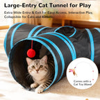 Pet Cat Tunnel Tube Toys 3 Way Collapsible, Tunnels for Indoor Cats, Interactive Tube with Teaser Wand, Peek Holes & Hanging Ball, Black & Blue